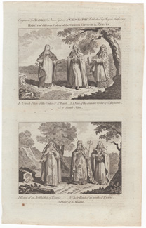 Habits of the different Orders of the Greek Church in Russia  1. AGreek Nun of the Order of St. Basil... 2. A Nun of the Ancient Order of St. Augustin... 3. A Jesuit Nun  1. Habit of an Archbishop of Russia... 2. Choir Habit of a Curate of Russia... 3. Habit of a Minim